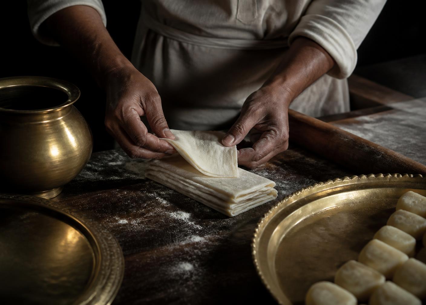 Artisan hands folding thin layers of dough on a wooden table