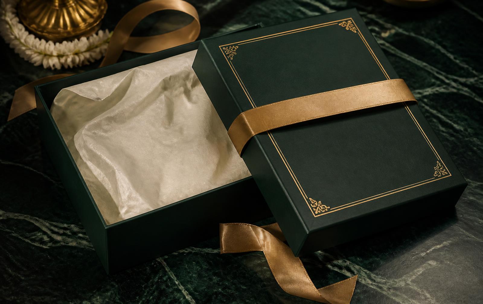 Emerald green Aavare gift box with gold ribbon