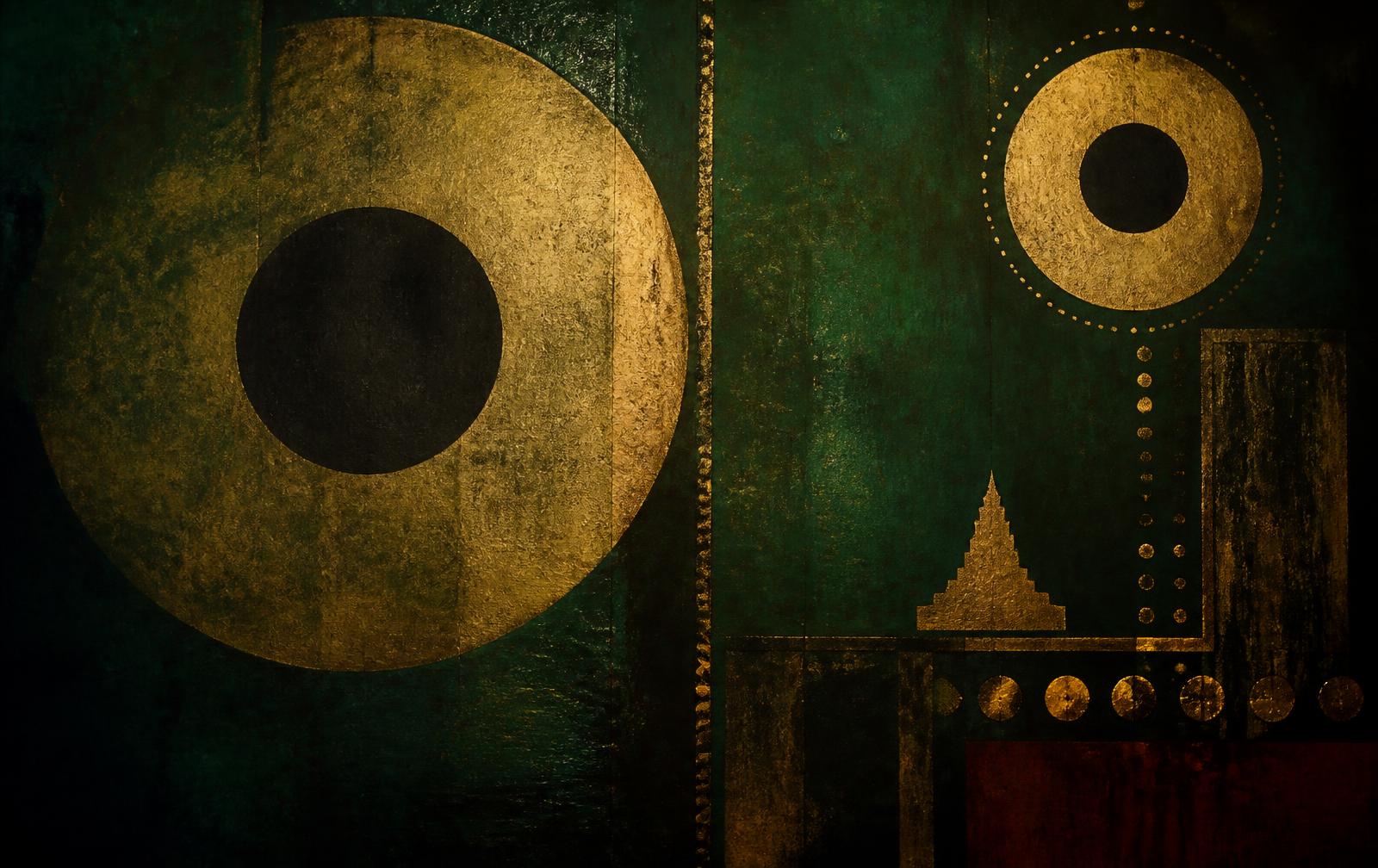 Abstract brass and emerald composition inspired by Puri's ceremonial geometry