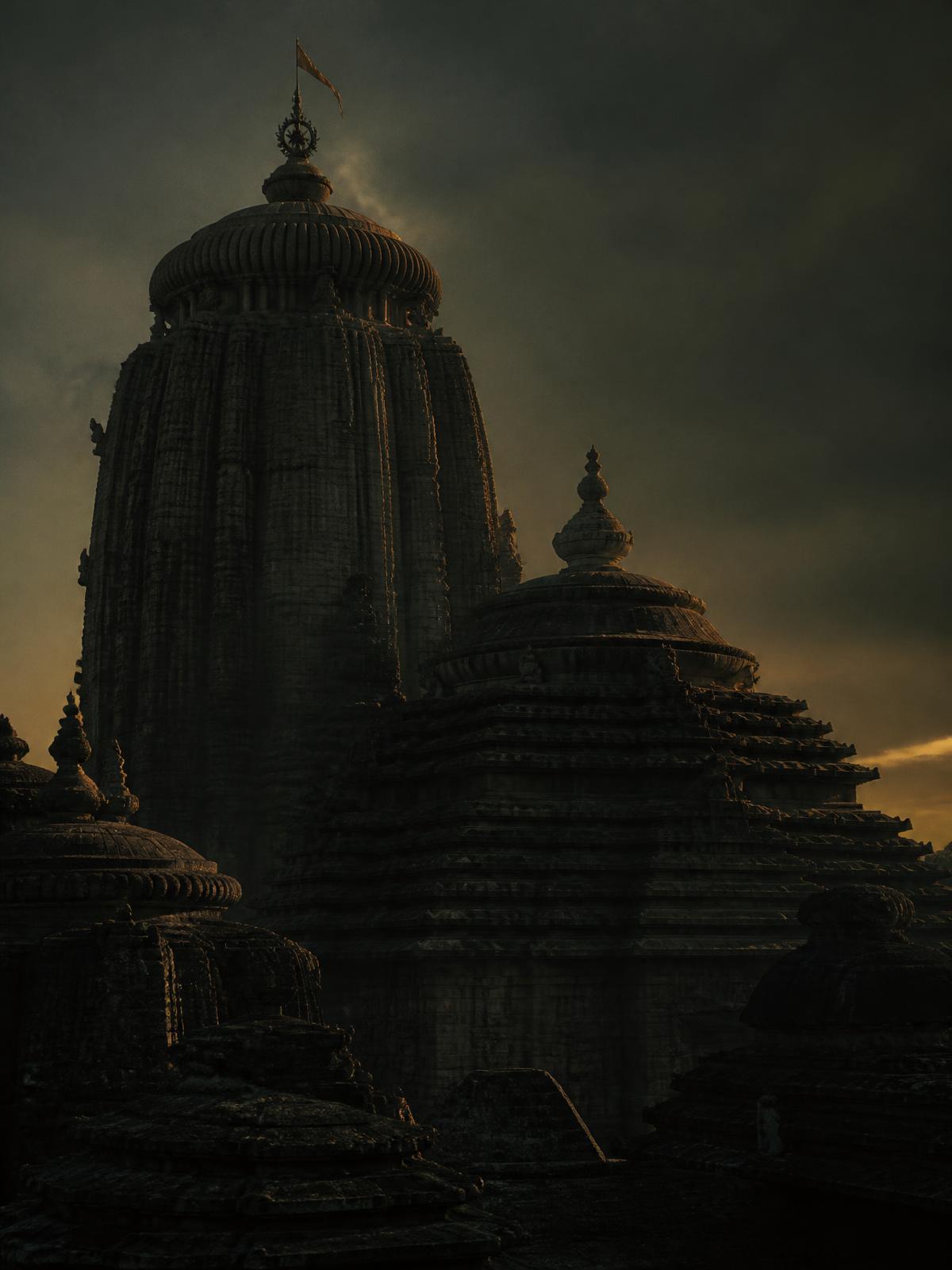 Atmospheric Odisha temple architecture at dusk